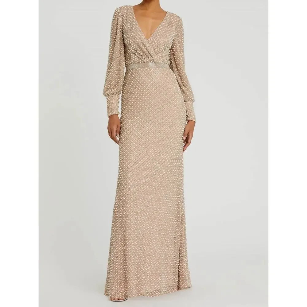 Mac Duggal 10062 Beige Size 4 Wrap Over Pearl Gown Beaded Bishop Sleeves NWT - Picture 2 of 16